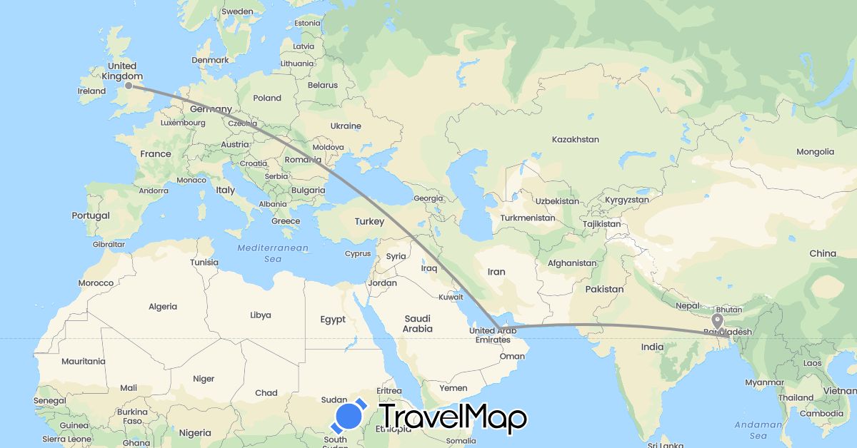TravelMap itinerary: driving, plane in United Arab Emirates, Bangladesh, United Kingdom (Asia, Europe)